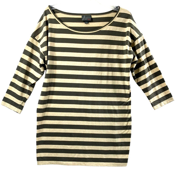 Fluent Life Womens Large L Tunic Top Gray Gold Metallic Stripe Pullover Stretch - Picture 1 of 8